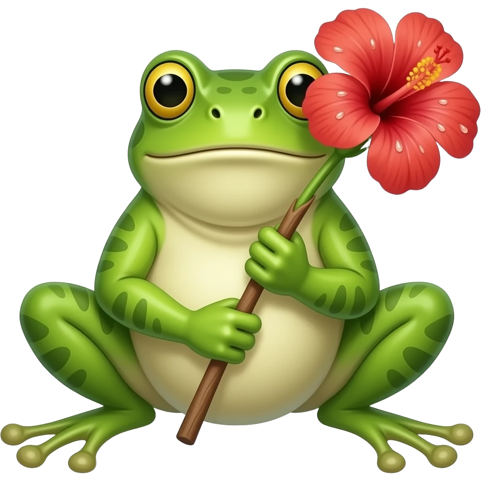 Grenouille avec une baguette partant du bas ventre. Un hibiscus est situé au bout de la baguette, il a des goutes blanches sur les petales emoji