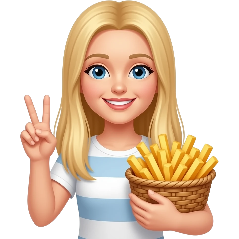Blonde lady straight hair middle part long holding french fries throwing up peace with innocent smile emoji
