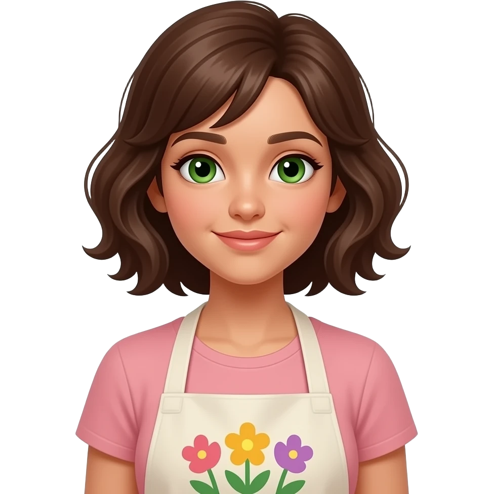 light-skinned-girl-with-brown-hair-and-green-eyes-in-apron-with-paint-with-flowers-upper-body-arms-down emoji