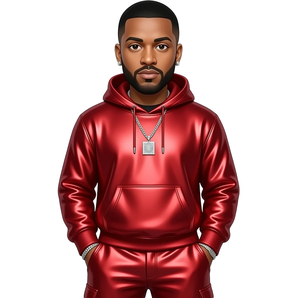 DJ Khaled with dark brown eyes, black hair, red metallic sweatshirt, red metallic baggy pants, silver necklace and earrings emoji