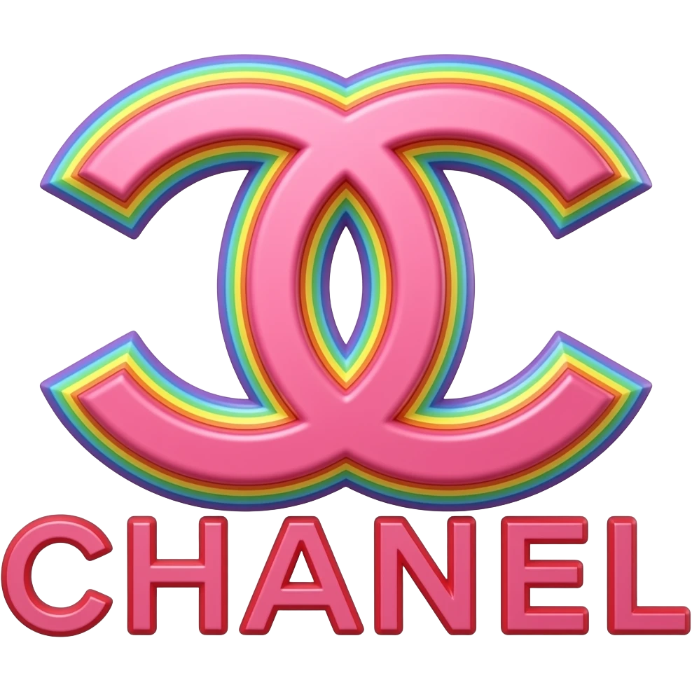 name "Chanel" in pink red 3D style typography lettering, each color of the rainbow as a border outlined around each letter, isolated, 3d rendering, no emoji icons no emoji faces and must have no human figures emoji