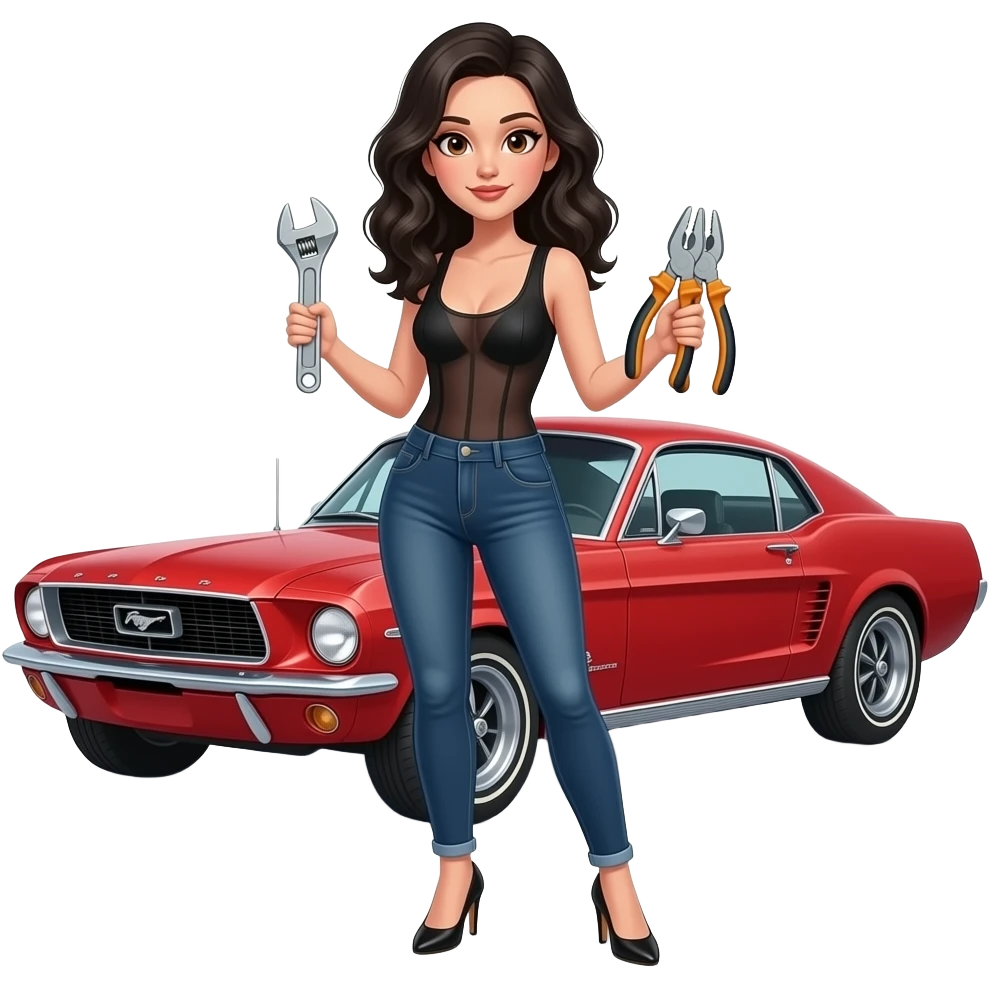 Pale girl with wavy jet black hair and brown eyes in front of a red ford mustang 1968 coupe. Girl wearing a sheer black sleeveless top, low rounded neckline, jeans and heels with visible toes. Girl holding an adjustable wrench in his right hand and a pair of multi-grip pliers in his left hand. emoji