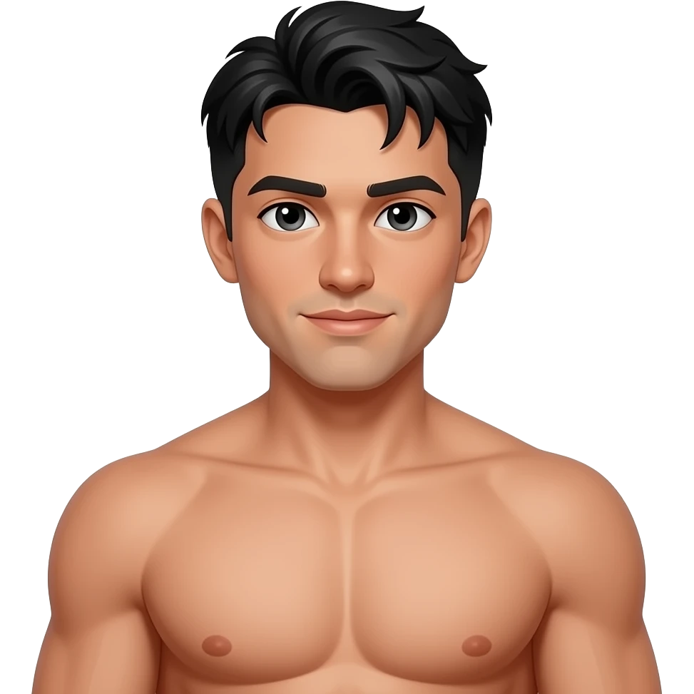 Shirtless muscular tan guy with middle part black hair emoji