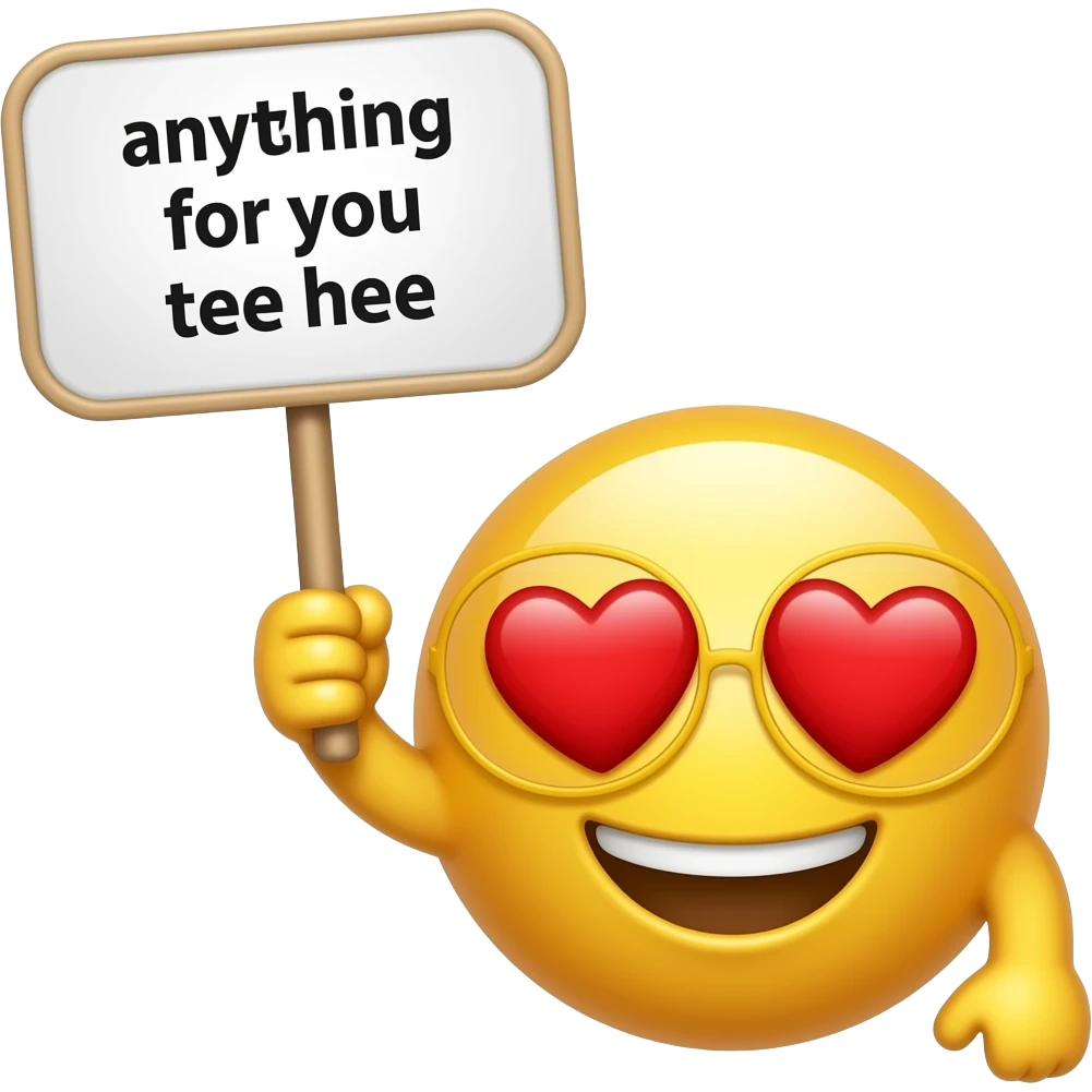 Yellow smiley in love holding up a sign sign that says "anything for you tee hee" emoji
