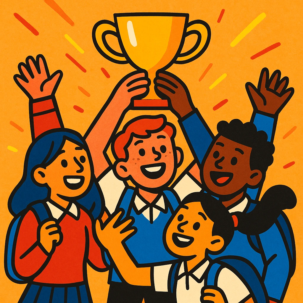 four students lifting a trophy, warm atmosphere, expressive illustration style, bright colors emoji