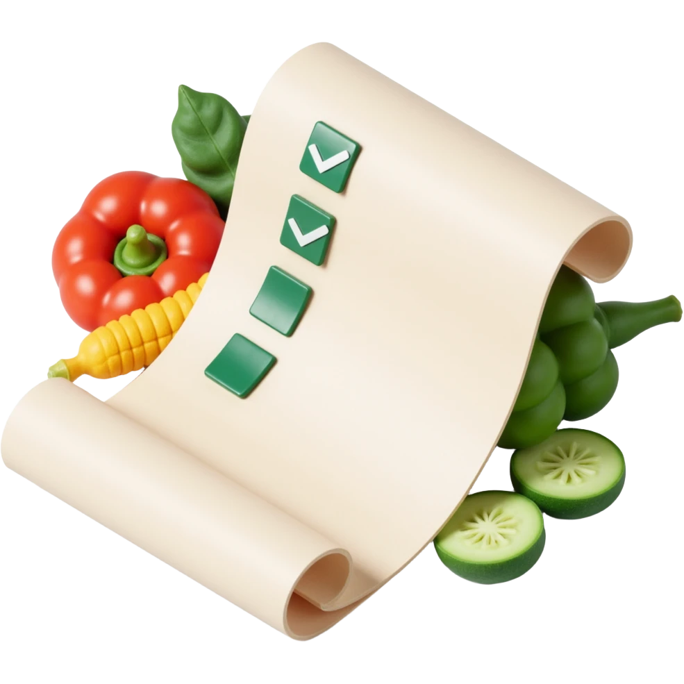 floating rolled paper list with green checkboxes and around vegetables emoji