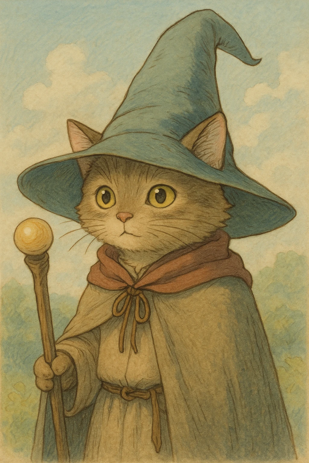 cat wizard, detailed, whimsical, soft colors, wearing a large pointed hat, ghibli style emoji