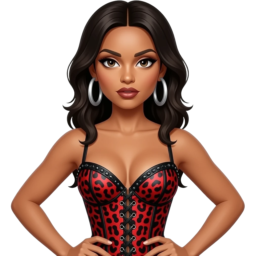 Tate McRae wears a bold red and black leopard-print corset top with sparkling black embellishments. She pairs the look with large silver hoop earrings for a fierce, high-energy stage presence. emoji