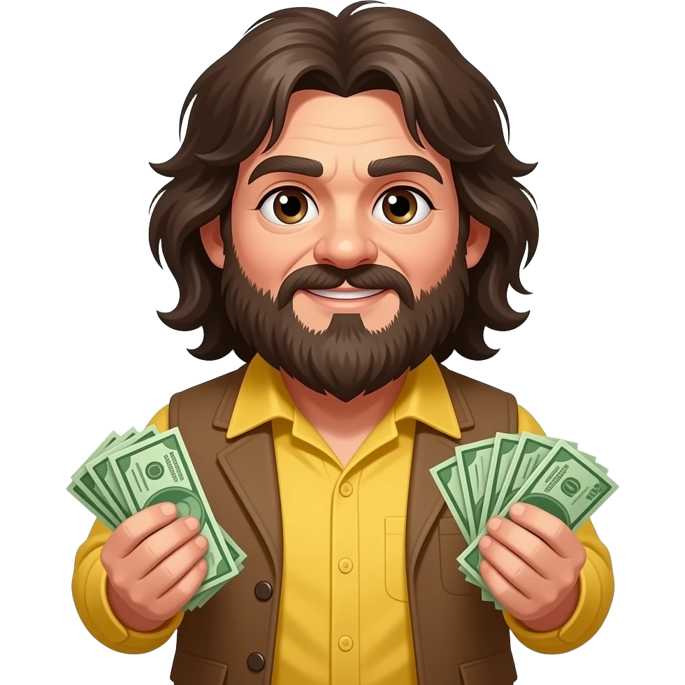 Hagrid with money in his hands with dark hair, brown eyes, yellow shirt emoji