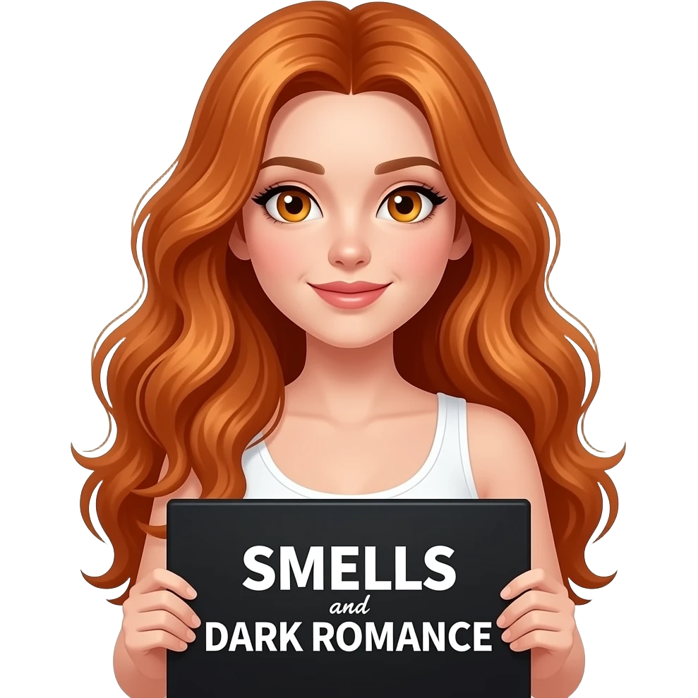 sexy girl with long wavy ginger hair and ginger eyes wearing a white tanktop is holding a black colored sign with SMELLS like DARK ROMANCE written on it emoji