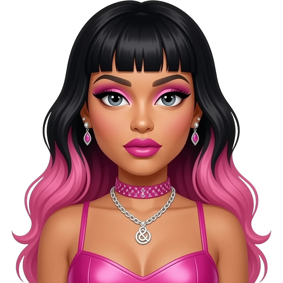 Nicki Minaj with dark grey eyes, long black hair with pink ombre, pink eyeshadow, hot pink lipstick, hot pink r&b idol outfit, necklace and earrings emoji
