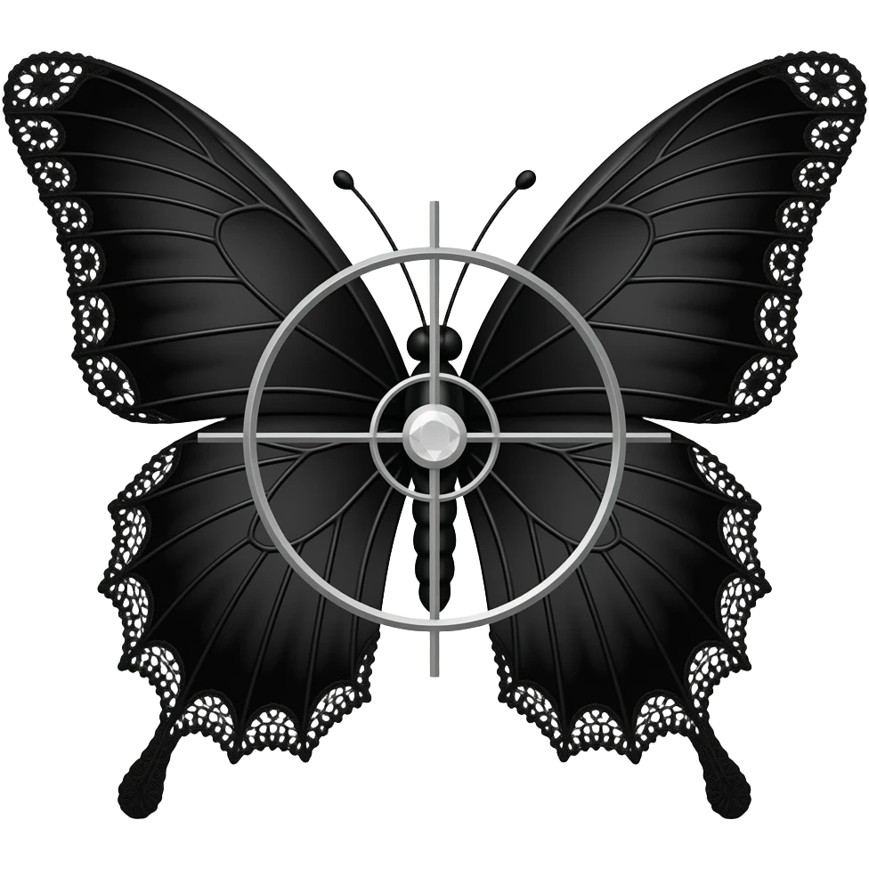 butterfly, 3D emoji gothic butterfly, black velvet, black filigree, black lace trim, white gem, elegant sniper crosshair overlay emoji