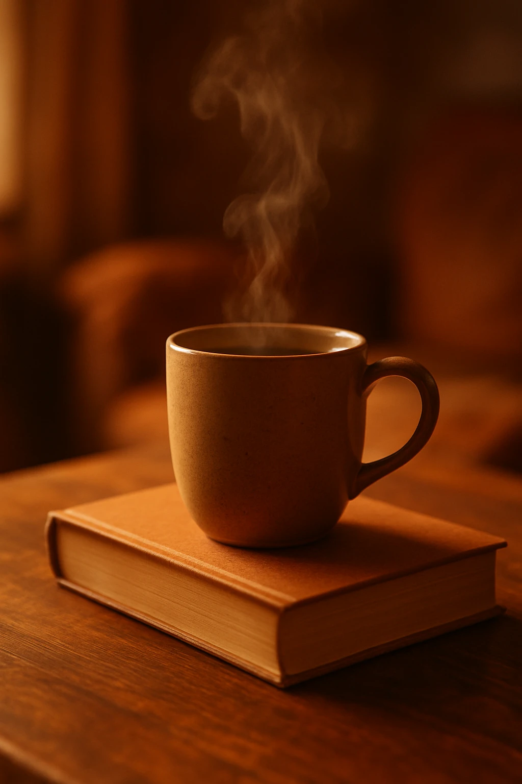 steaming mug of tea on a book, cozy atmosphere emoji