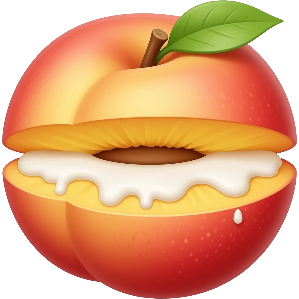 Whole Peach with cream dripping over the middle split emoji