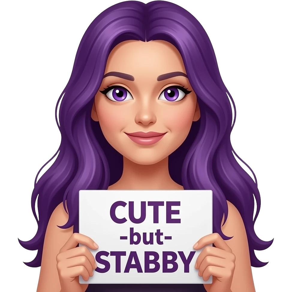 sexy girl with long purple hair and purple eyes holding a CUTE -but- STABBY sign emoji