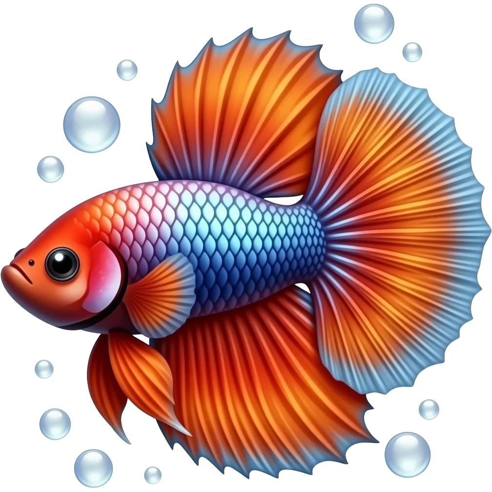 Red and orange with some shiny purple blue White and green scales Betta fish and bubbles emoji