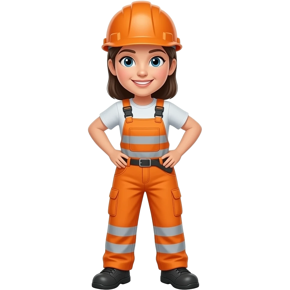 woman, slightly bending, in full orange hi-vis overalls with sleeves and hard hat emoji