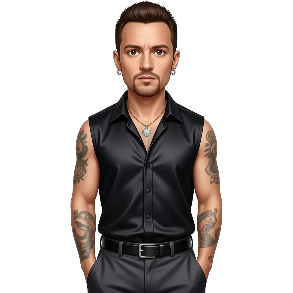 Chester Bennington with brown eyes, dark brown hair, black silk sleeveless shirt, dark gray silk baggy pants, necklace and earrings emoji