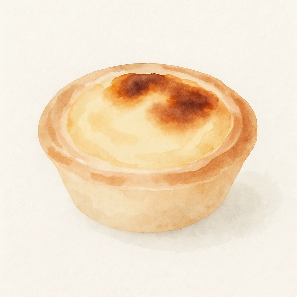 pastel de nata, illustrated in a soft, painterly style, showing the creamy custard filling and browned top, no text emoji