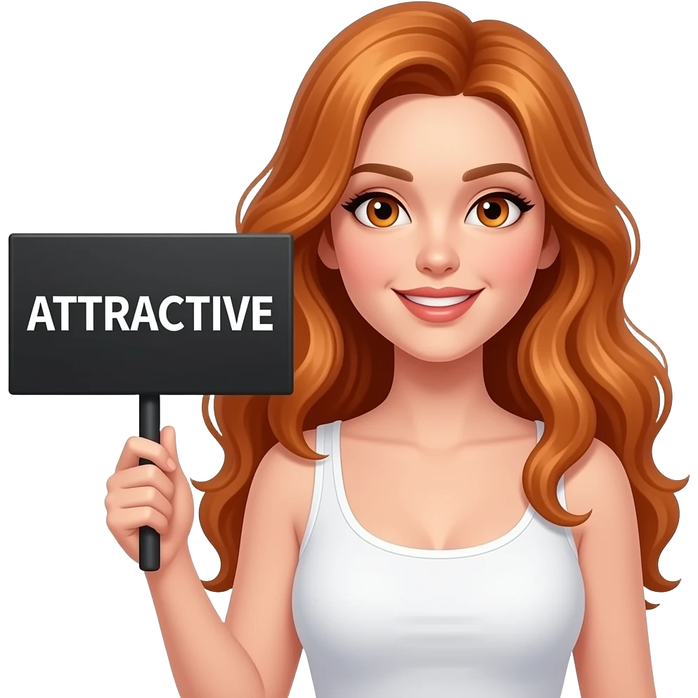 sexy girl with long wavy ginger hair and ginger eyes wearing a white tanktop is holding a black colored sign with ATTRACTIVE written on it emoji