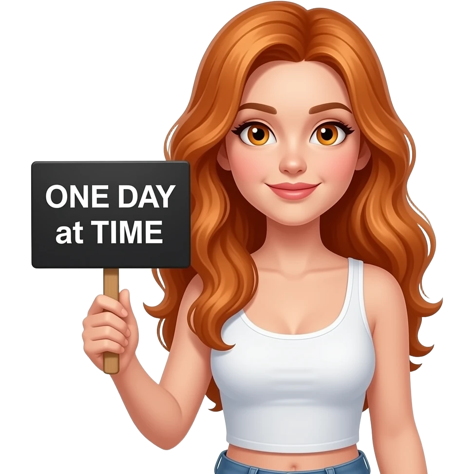 sexy girl with long ginger hair and ginger eyes wearing a white tanktop is holding a black sign with ONE DAY at a TIME written on it emoji