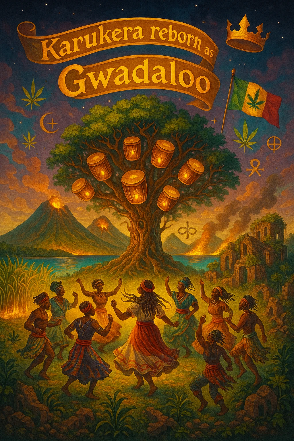 Create a powerful, surreal vision of the Caribbean island Guadeloupe, reimagined as ‘Guadeloupe' — its sacred, sovereign identity restored. The island is lush, tropical, and volcanic, with two green volcanoes glowing golden at the peaks. In the center stands a giant mystical Drum Tree, its branches bearing carved drums instead of fruit, glowing with rhythmic light. Ancestral spirits of African and indigenous lineage dance in a circle around the tree, surrounded by floating ganja leaves and sacred symbols. Sugarcane fields burn gently in the background, symbolizing the end of colonial suffering. Ruins of colonial buildings crumble into the earth, reclaimed by vines and jungle. Above the island, a glowing banner in the sky reads: ‘Karukera reborn as Gwadaloo.’ A ganja-leaf flag waves high in red, green, and gold, and a golden Creole crown floats in the sky above the island — not worn by any man, but held in rhythm. The ocean is turquoise, the light is divine, and the entire scene radiates spiritual victory, cultural remembrance, and cosmic rhythm. Use a warm, cinematic palette of golds, greens, blues, and purples. Style should feel epic, sacred, and symbolic — a rebirth of Caribbean power. emoji