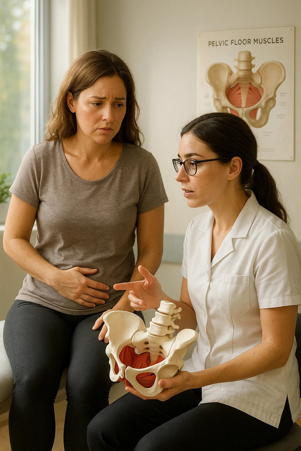 A realistic, cinematic illustration of a woman in her mid-30s with a thoughtful, slightly worried expression, sitting in a bright, modern physiotherapy clinic. She is wearing comfortable leggings and a loose top, with one hand resting gently on her lower abdomen, indicating discomfort. The scene shows a caring female pelvic floor physiotherapist explaining with a pelvis anatomical model, while the woman listens attentively but visibly concerned. In the background, soft natural light enters through the window, and an anatomical poster of pelvic floor muscles is visible on the wall. The environment is warm, clean, and reassuring, emphasizing the sensitivity of pelvic floor disorders while promoting trust and awareness in seeking help emoji