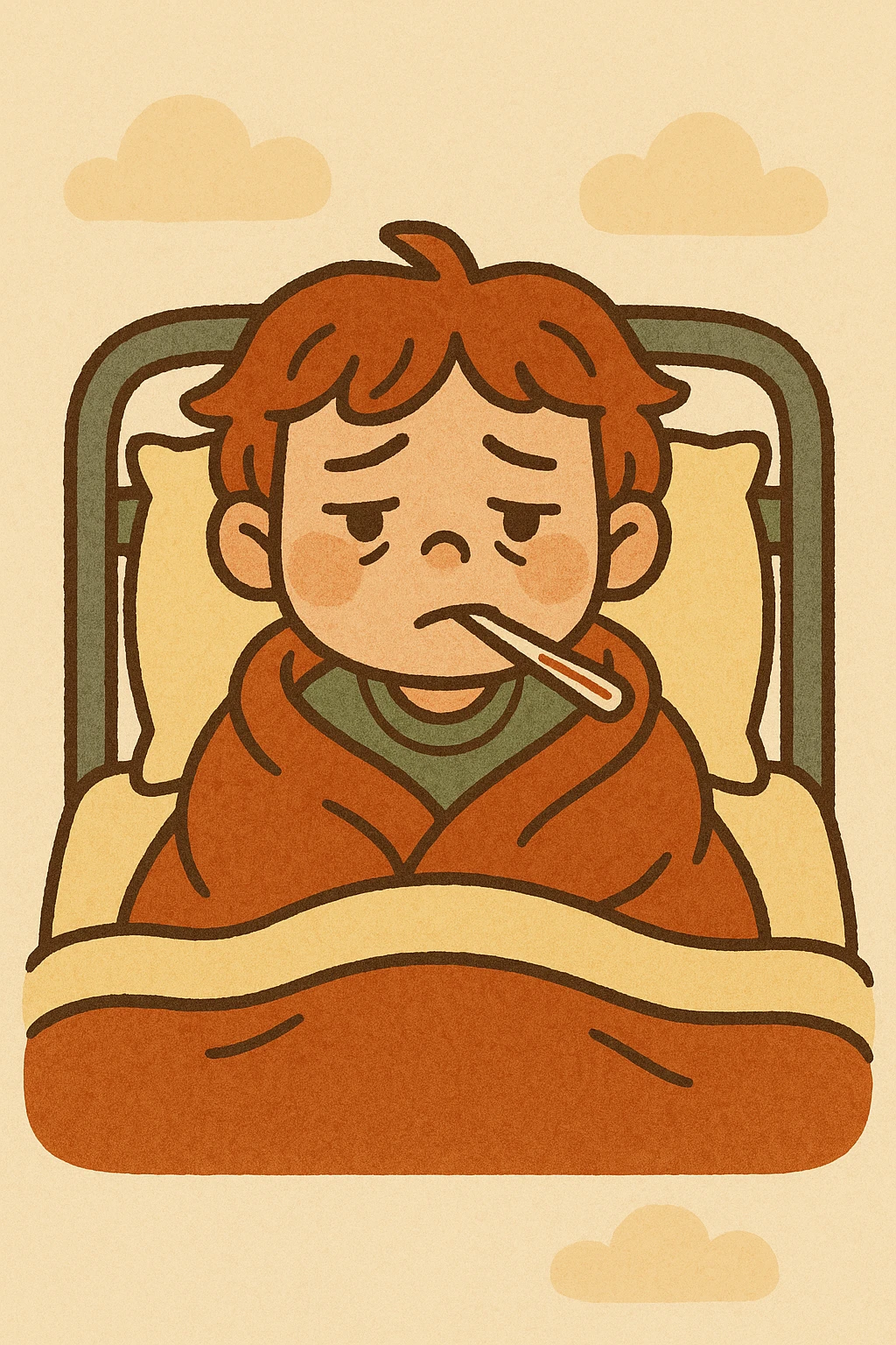 a sick child with a thermometer and blanket, looking tired, in a hospital bed, soft cartoon style emoji