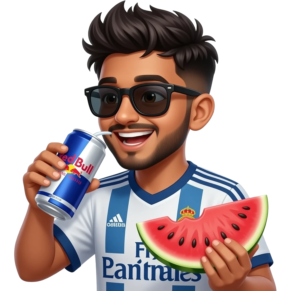 Indian boy giggling, young, late teens, with light trimmed beard, side fades with messy spikes hairstyle, drinking red watermelon Can Red Bull with big dark black wayfarers and Real Madrid 2015-16 away kit emoji