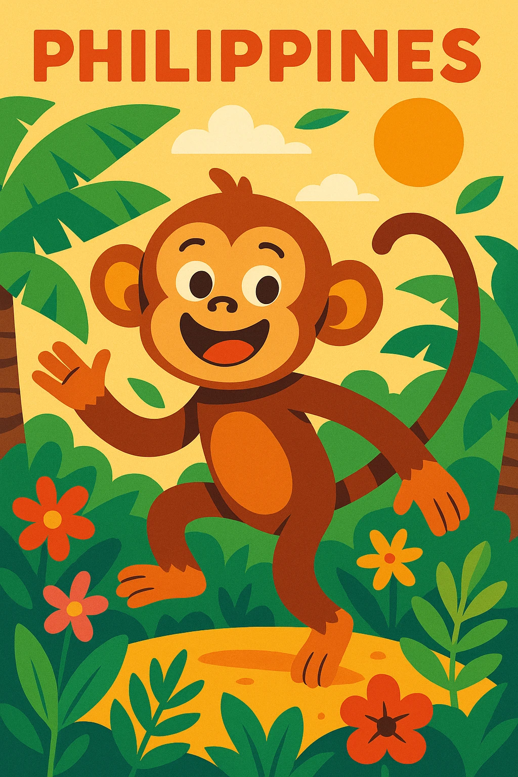 a playful monkey in the Philippines with vibrant colors, tropical background emoji
