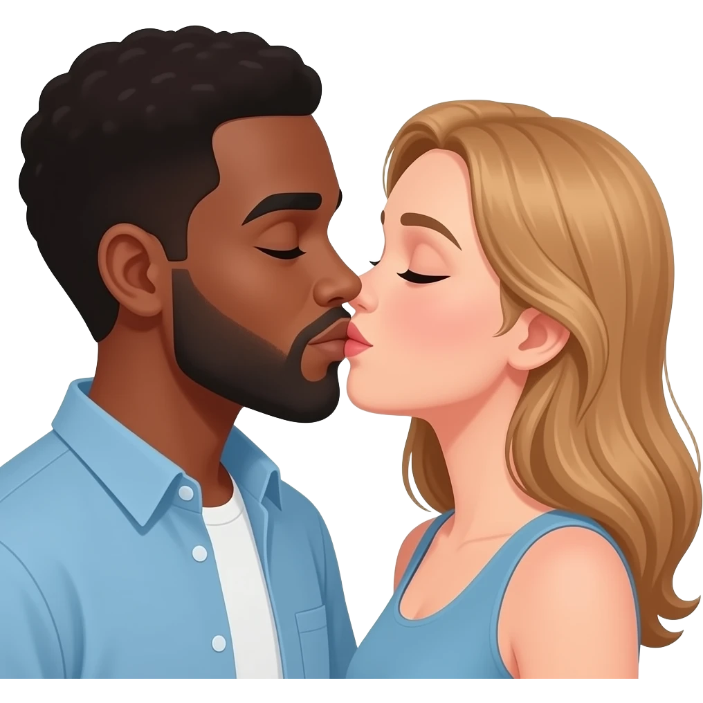 African man kissing Caucasian woman emoji