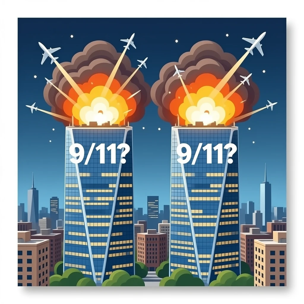 Two identical square skyscrapers exploding with planes and with text saying “9/11?” emoji
