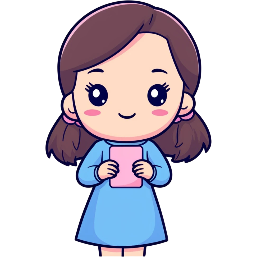 Create a brunette girl with a long sleeved blue dress with pink details and a pink sticker in her hand emoji