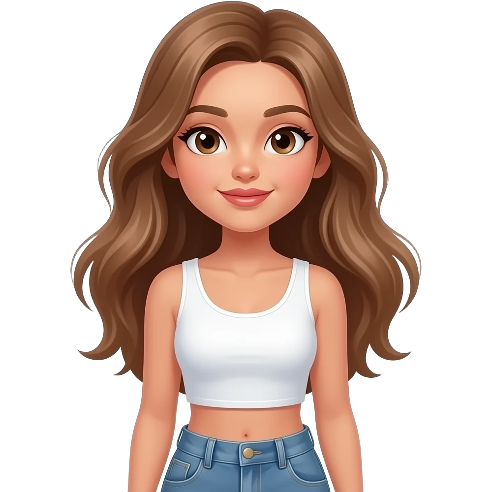 Naturally beautiful tan girl with a cute face skinny, normal skinny and is wearing white crop top and jeans and has luminous long light brown hair and big natural lips and a small nose and some cheekbones and has some sort of make-up and is glowing and hair kind of flying. Not smiling too much. emoji