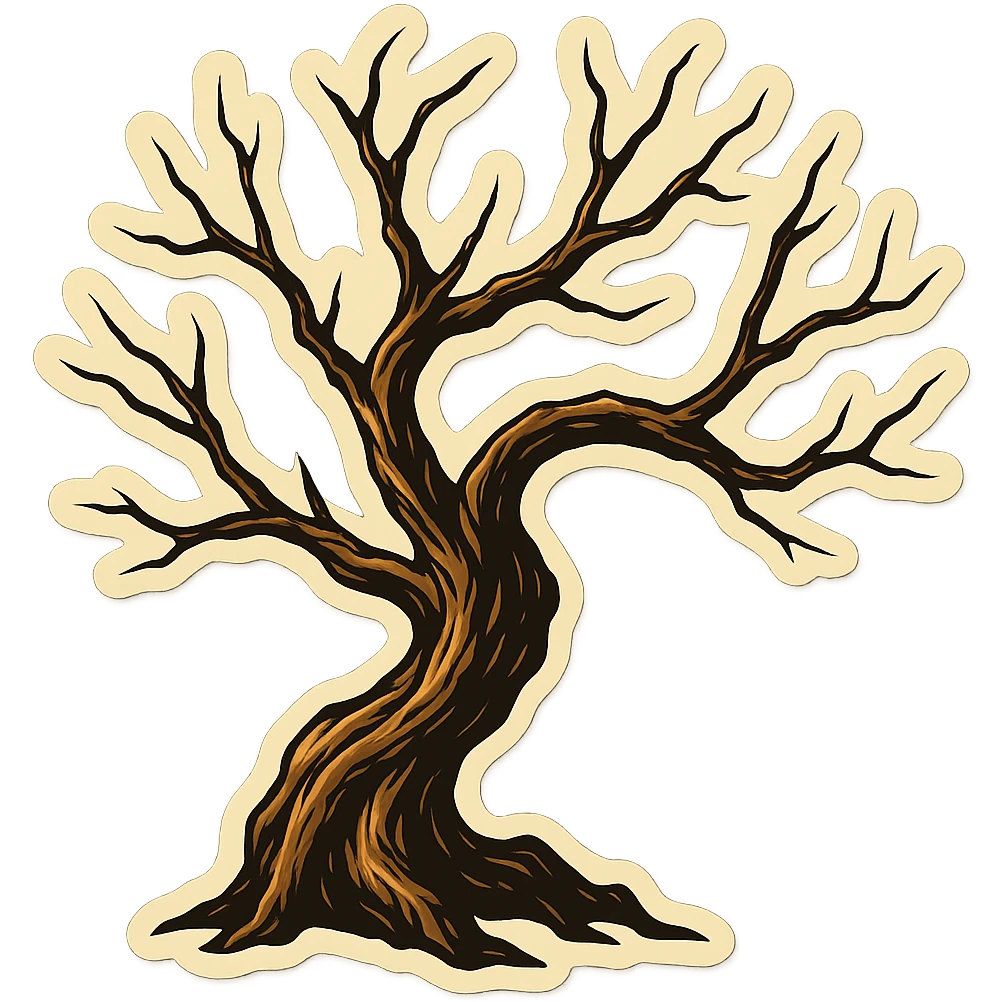 Dry tree with crooked branches without leaves, aged bark texture, clear black outlines, distinct shadows and highlights, retro stickers style, no smooth color transitions. emoji