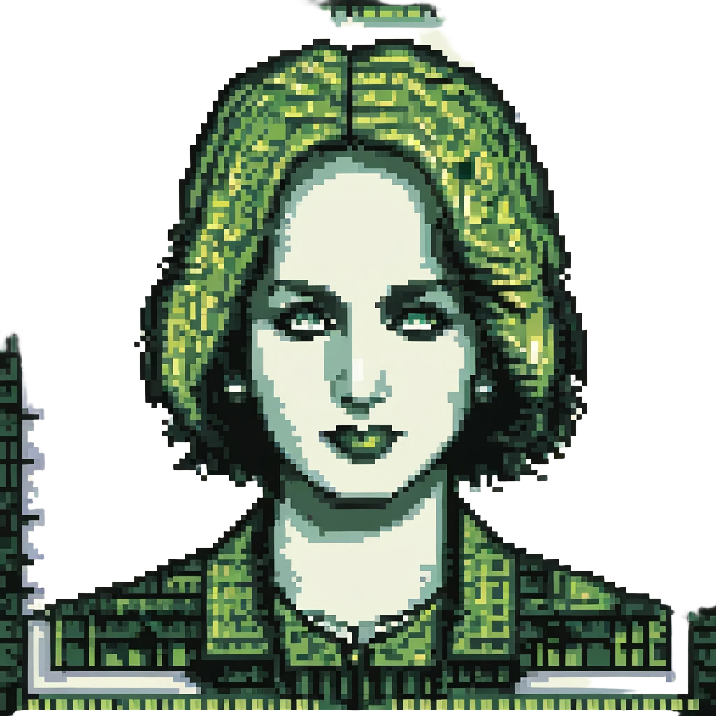 A pixel art style image of a dollar bill, featuring a green and black pixelated design with a portrait and intricate details, simple and retro design, no additional text or symbols. emoji
