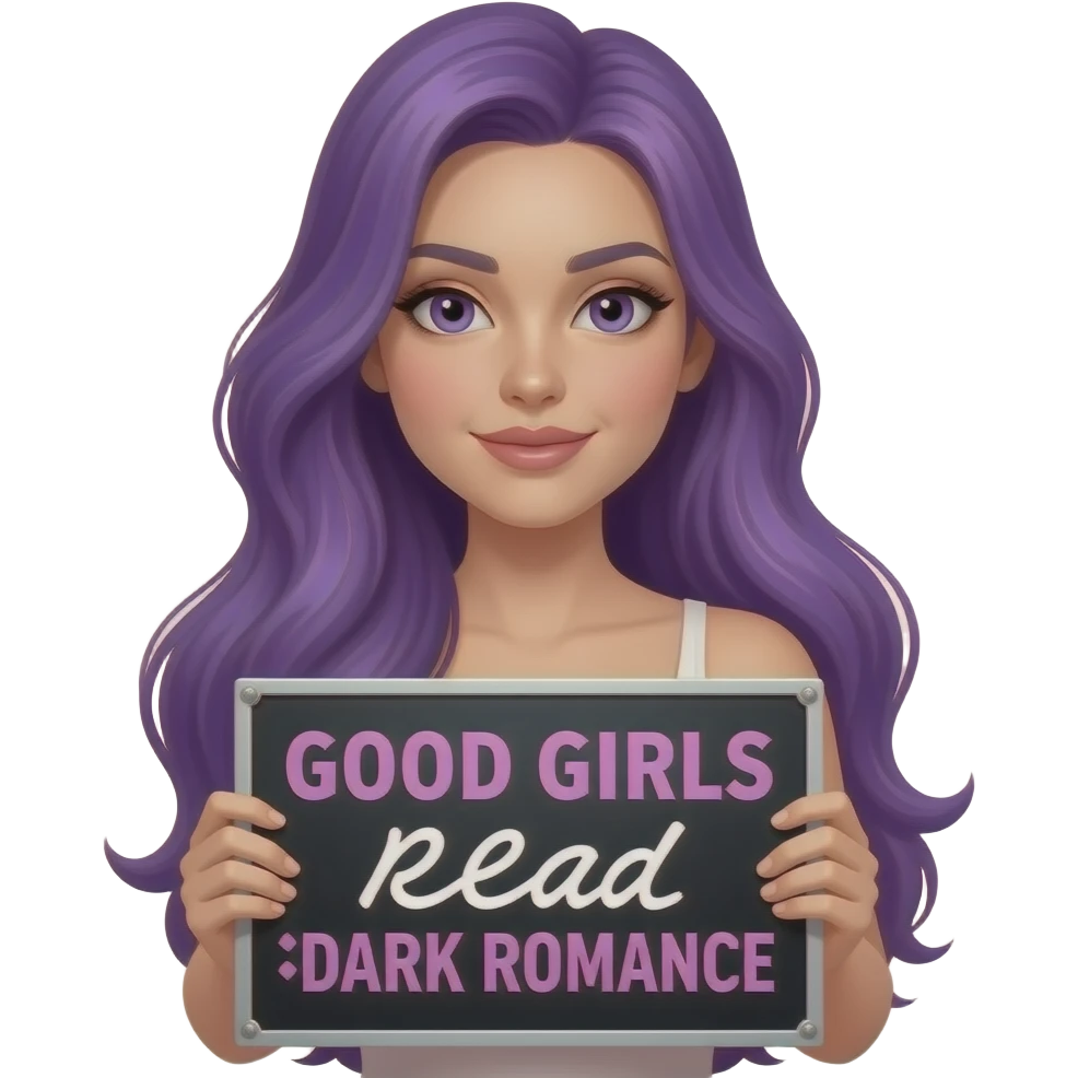 sexy girl with long purple hair holding a GOOD GIRLS read DARK ROMANCE sign emoji