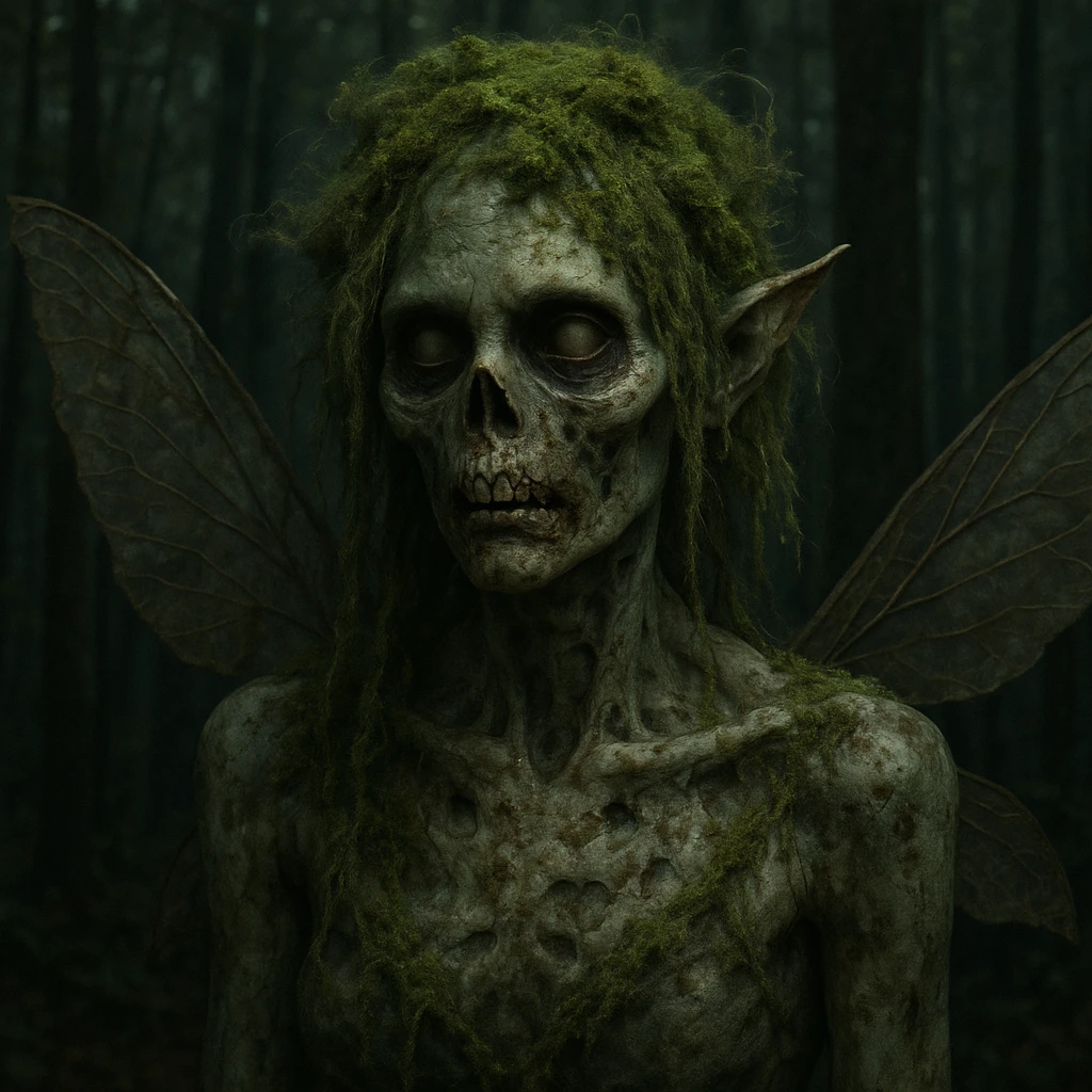 zombie fairy, realistic style, mossy hair, hollow eyes, forest background emoji