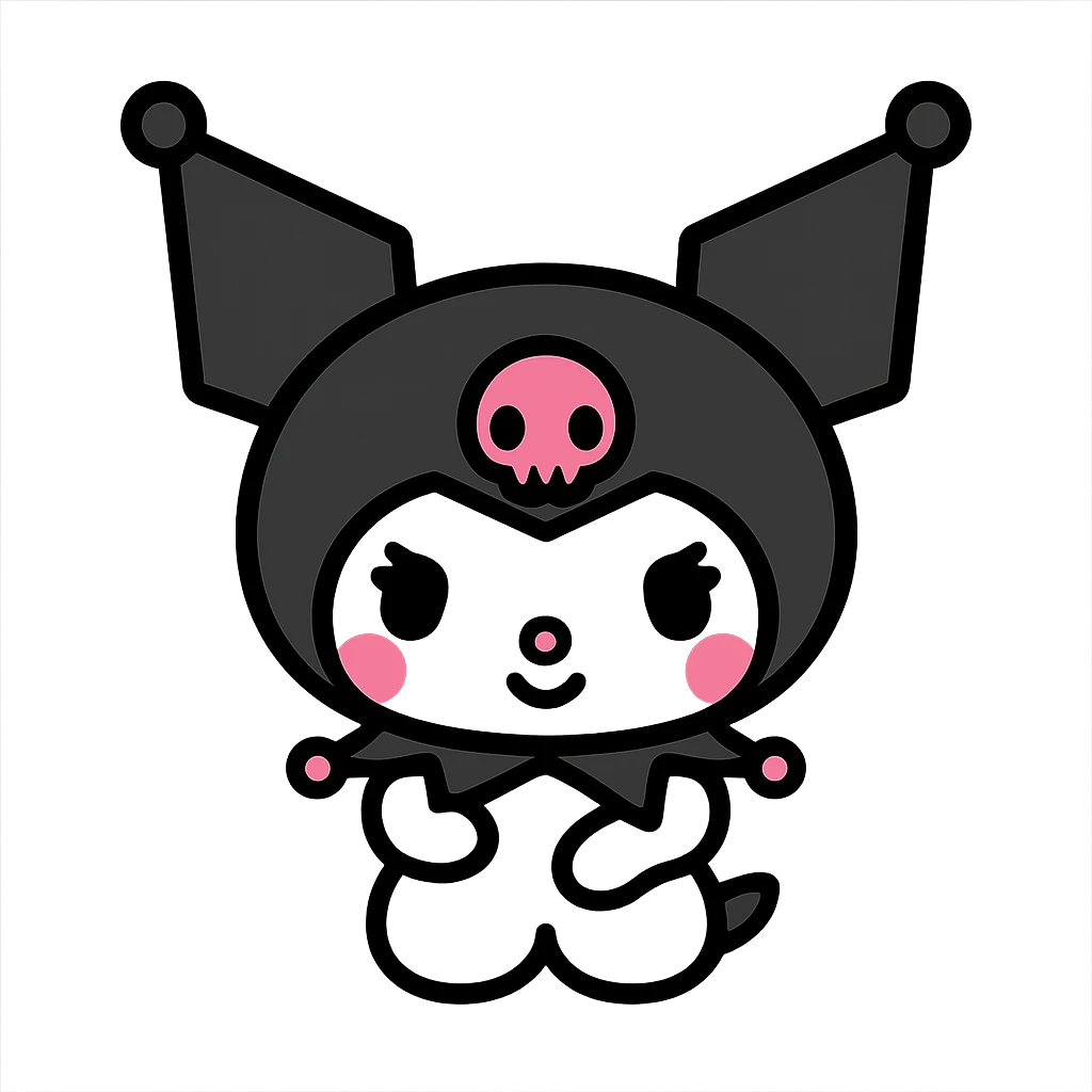 Kuromi with a pink skull hat, cheerful expression emoji