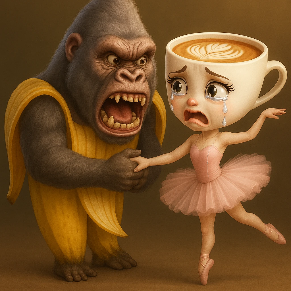 Edit the image to make the ballerina coffee cup character crying and the gorilla-banana character making a scary face, keeping their original style, outfits, and colors exactly as in the reference image. emoji