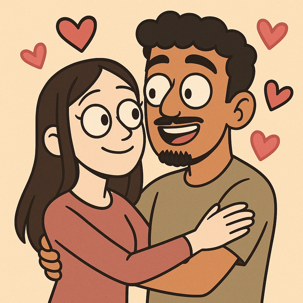 cartoon style couple, girl pale with long straight dark brown hair no facial hair, boy tan with short black curly hair, small goatee and separate mustache, hearts around them emoji