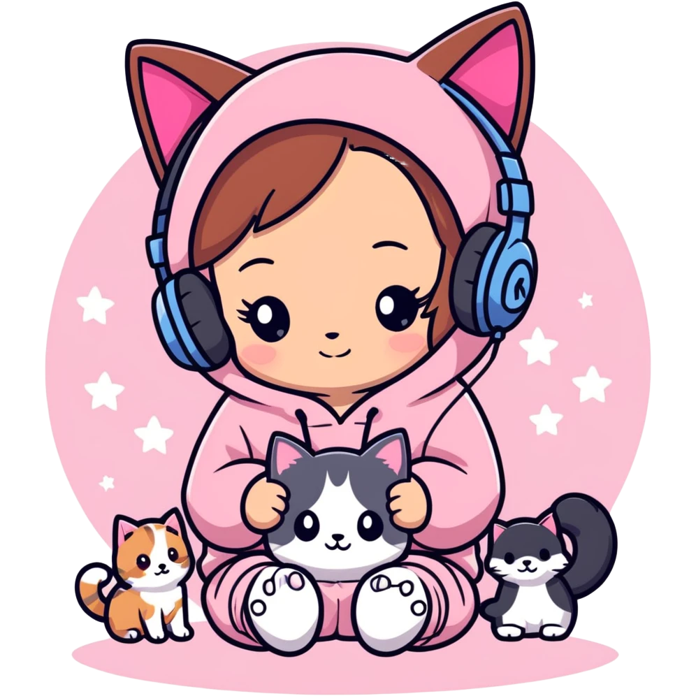 A brown-haired cartoon girl, anime style, in a pink sparkly hoodie with headphones on, surrounded by hearts, stars, and a puppy and kitten cuddling at her feet. emoji