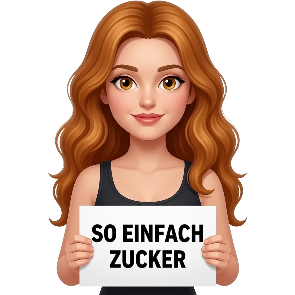 sexy girl with long wavy ginger hair and ginger eyes wearing a black tanktop is holding a white sign with SO EINFACH ZUCKER written on it emoji