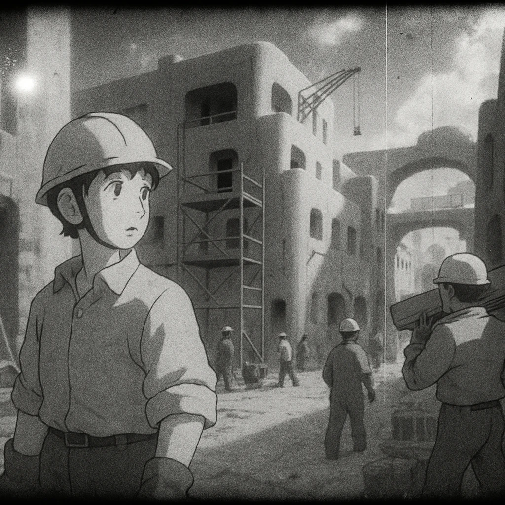 8mm film black and white, no color, light leaks. the image shows post-war reconstruction in the z'rian commonwealth capital region, santa-fe neo-adobe futuristic architechture emoji