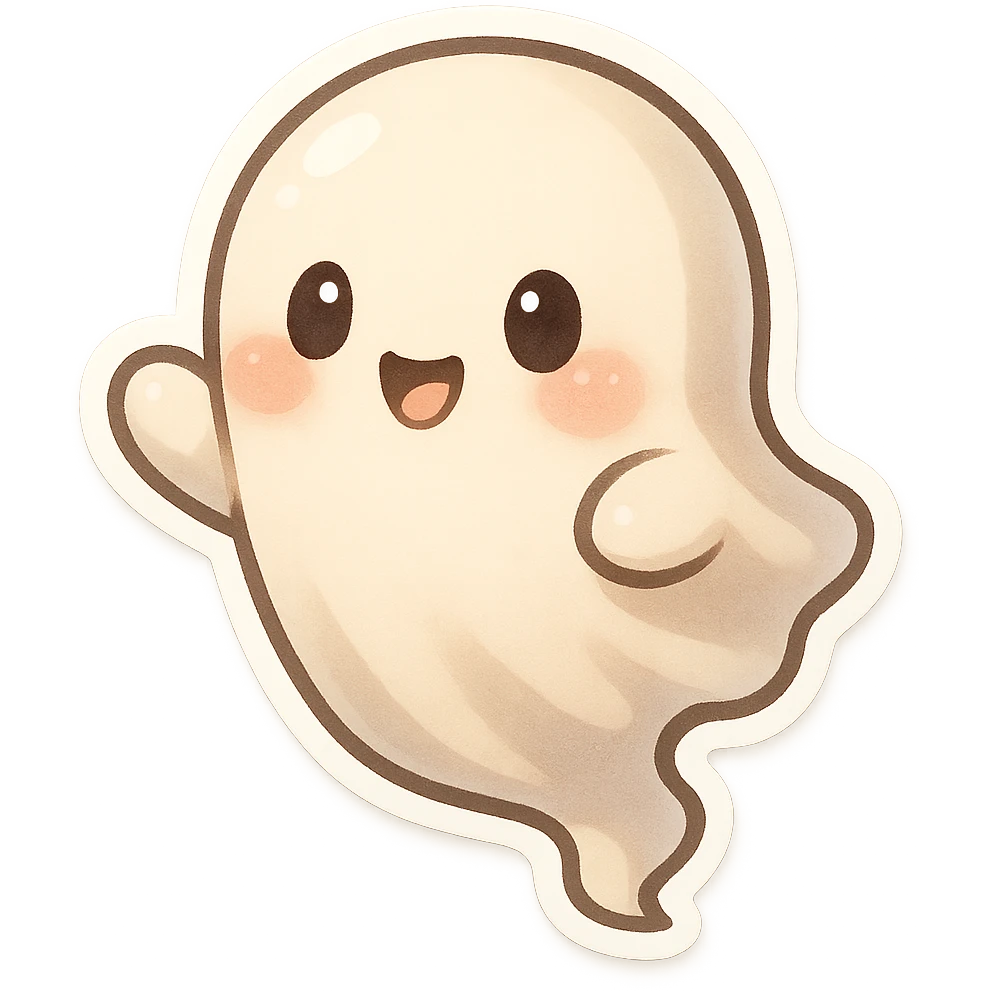 chibi ghost sticker with blushing cheeks, floating pose, expressive shadows and highlights, soft dimensional look emoji