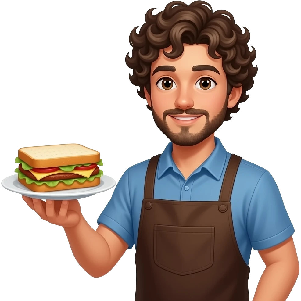 Un garçon bronze avec bouc et Moustache les cheveux bouclés serveur pas habiller en noir mais normzle qui sert un tasty crousty emoji