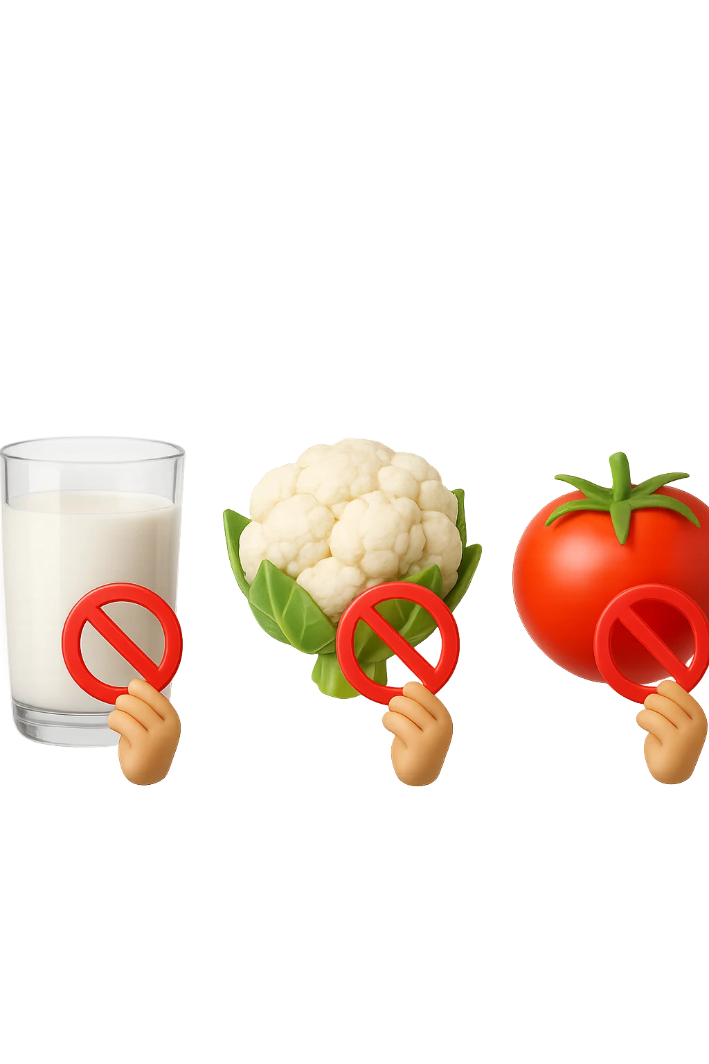 emoji stile iphone di un BICCHIERE DI LATTE CAVOLFIORE E POMODORO CHE FLUTTUANO IN ARIA VERTICALMENTE CON DIVIETI IN MANO, iperrealistico 4k, isolato su sfondo bianco emoji