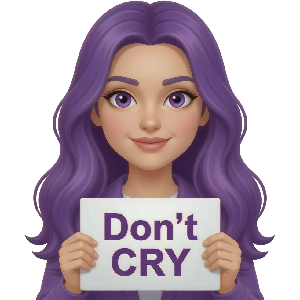 sexy girl with long purple hair and purple eyes holding Don't CRY sign emoji