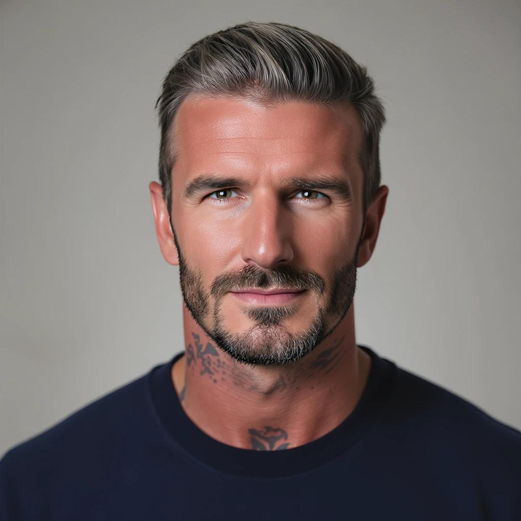 realistic headshot of David Beckham, close-up, slicked-back hair, subtle smile, elegant look emoji