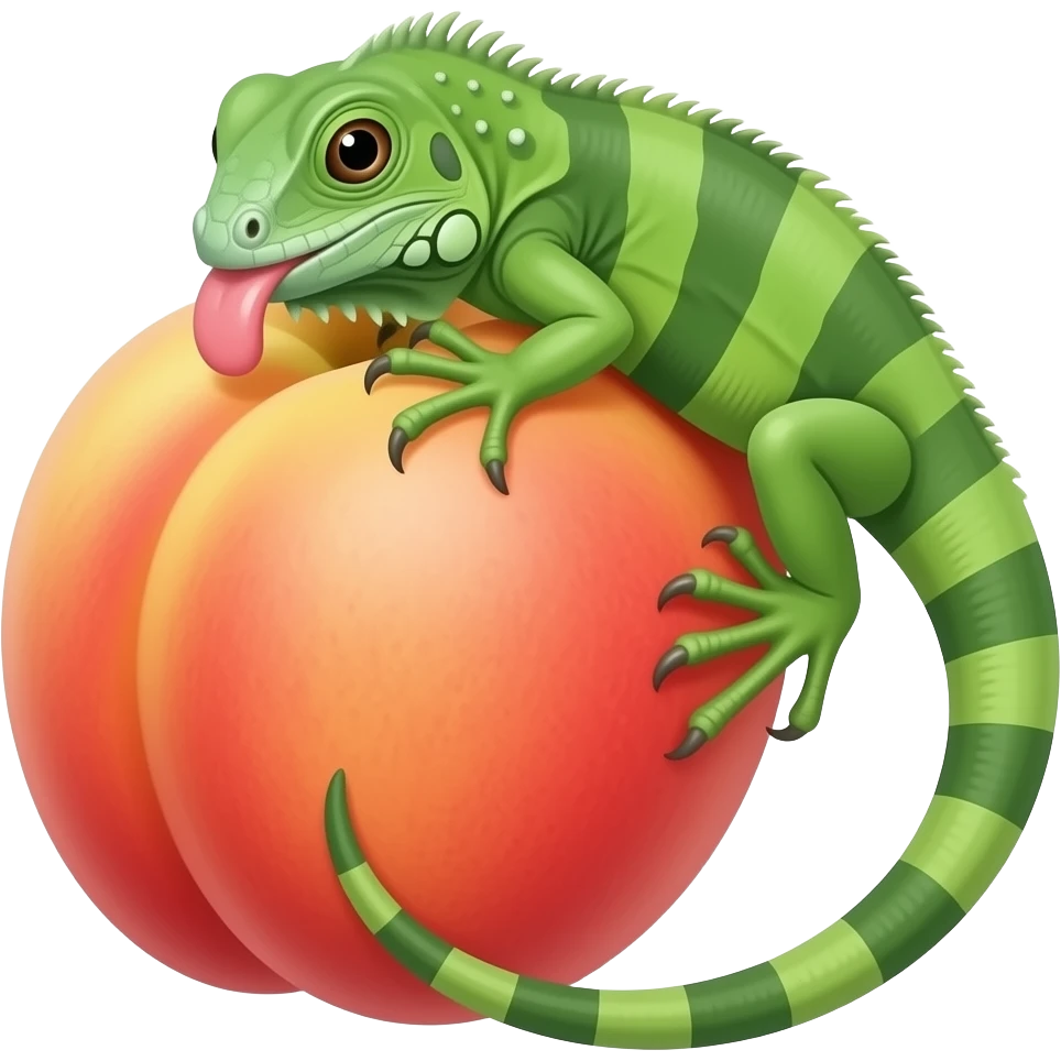 Una iguana lamiendo en la línea de la hendidura de un durazno emoji
